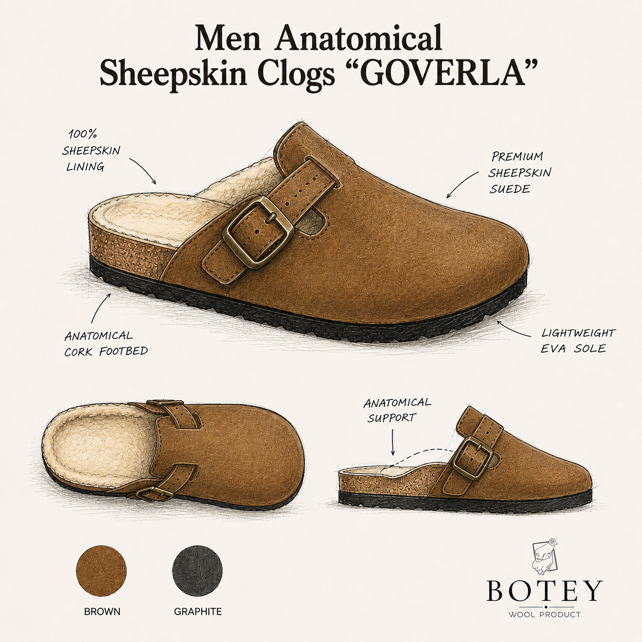 Anatomical Sheepskin Slippers “GOVERLA” Men – Premium Natural Wool Home Shoes (Sizes Available)