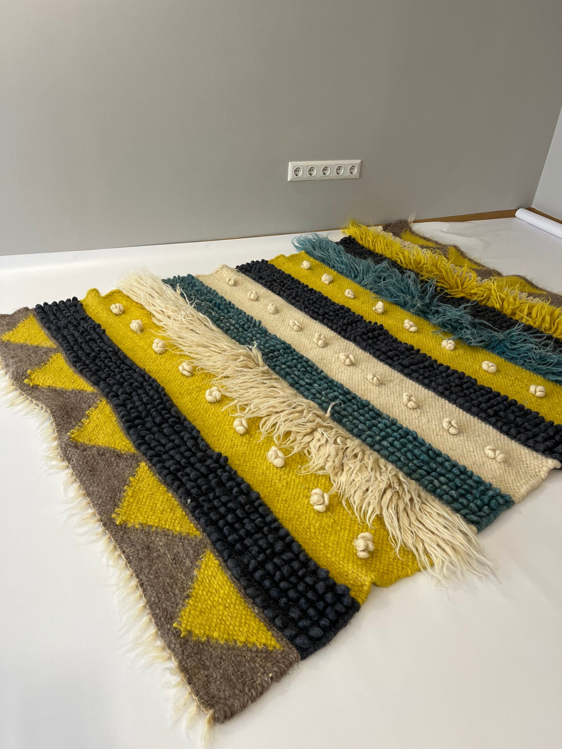 Carpathian Wool Blanket Blue & Yellow 150×200 cm – Premium Handmade Natural Wool