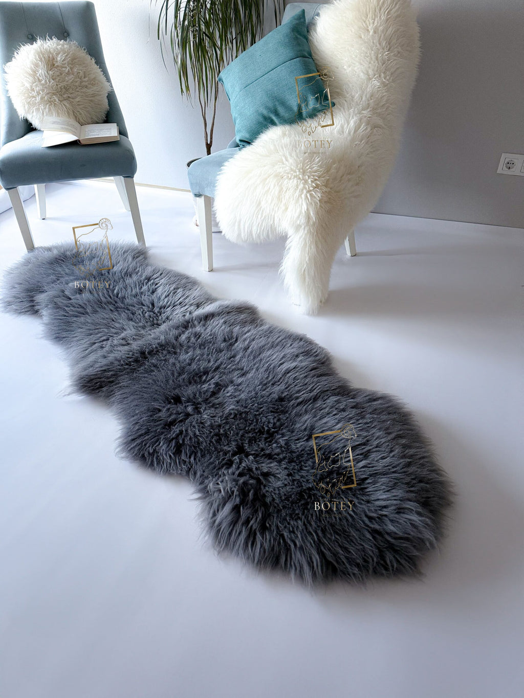 Grey Sheepskin Rug (200×70 cm) – Natural Fur Carpet