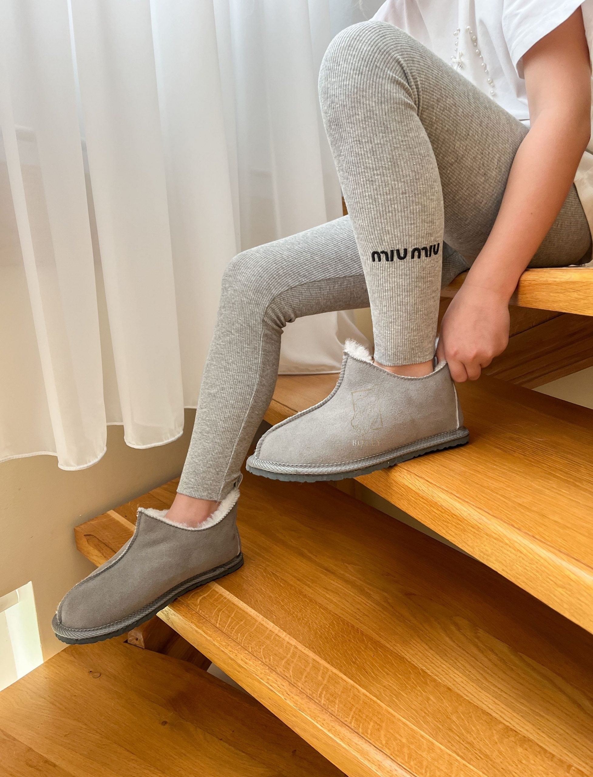 Suede Sheepskin Slippers Grey – Premium Natural Wool Home Shoes (Sizes Available)