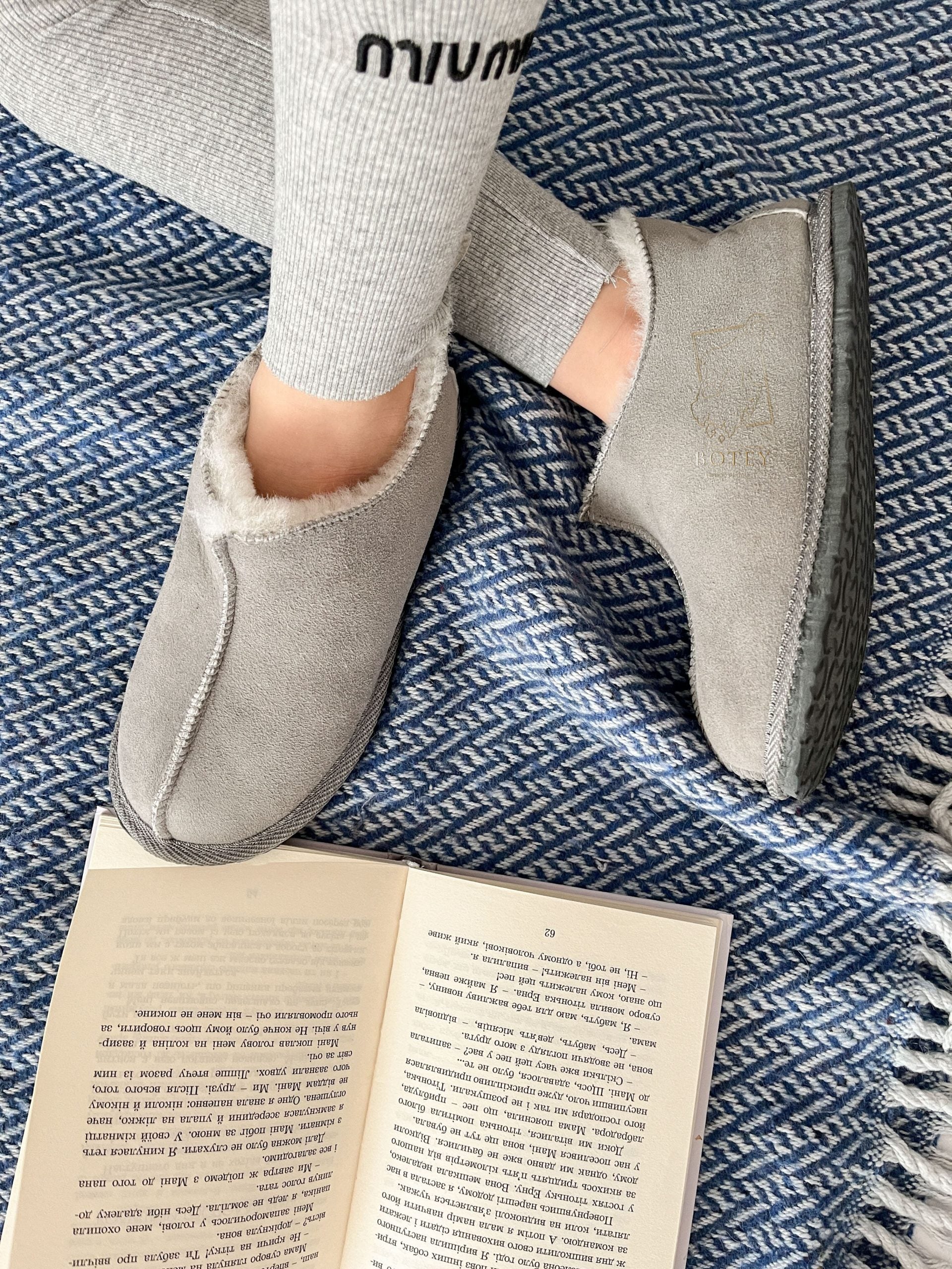 Suede Sheepskin Slippers Grey – Premium Natural Wool Home Shoes (Sizes Available)
