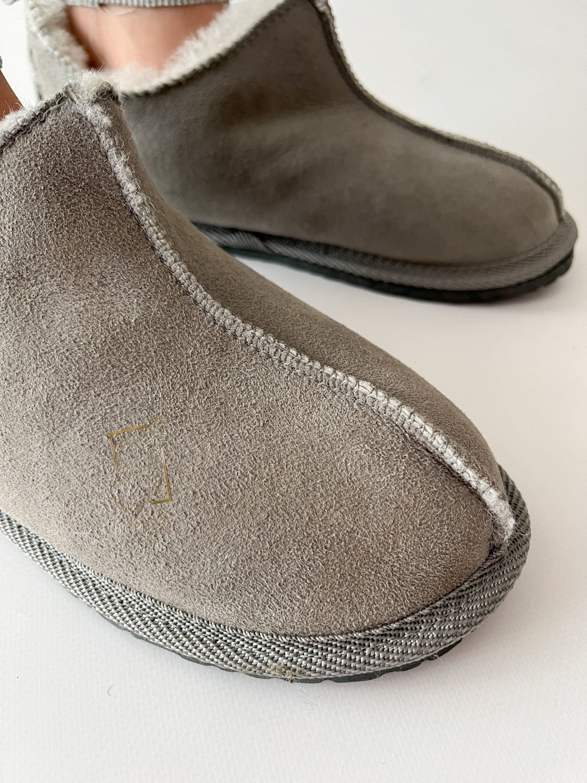 Suede Sheepskin Slippers Grey – Premium Natural Wool Home Shoes (Sizes Available)