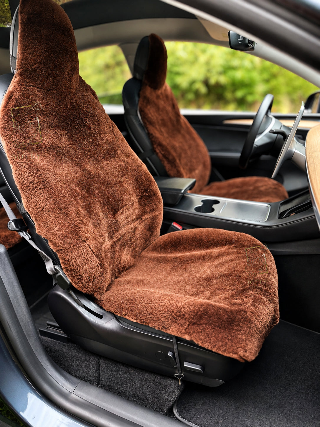 Premium Genuine Sheepskin Front Car Seat Covers with Headrest – Brown