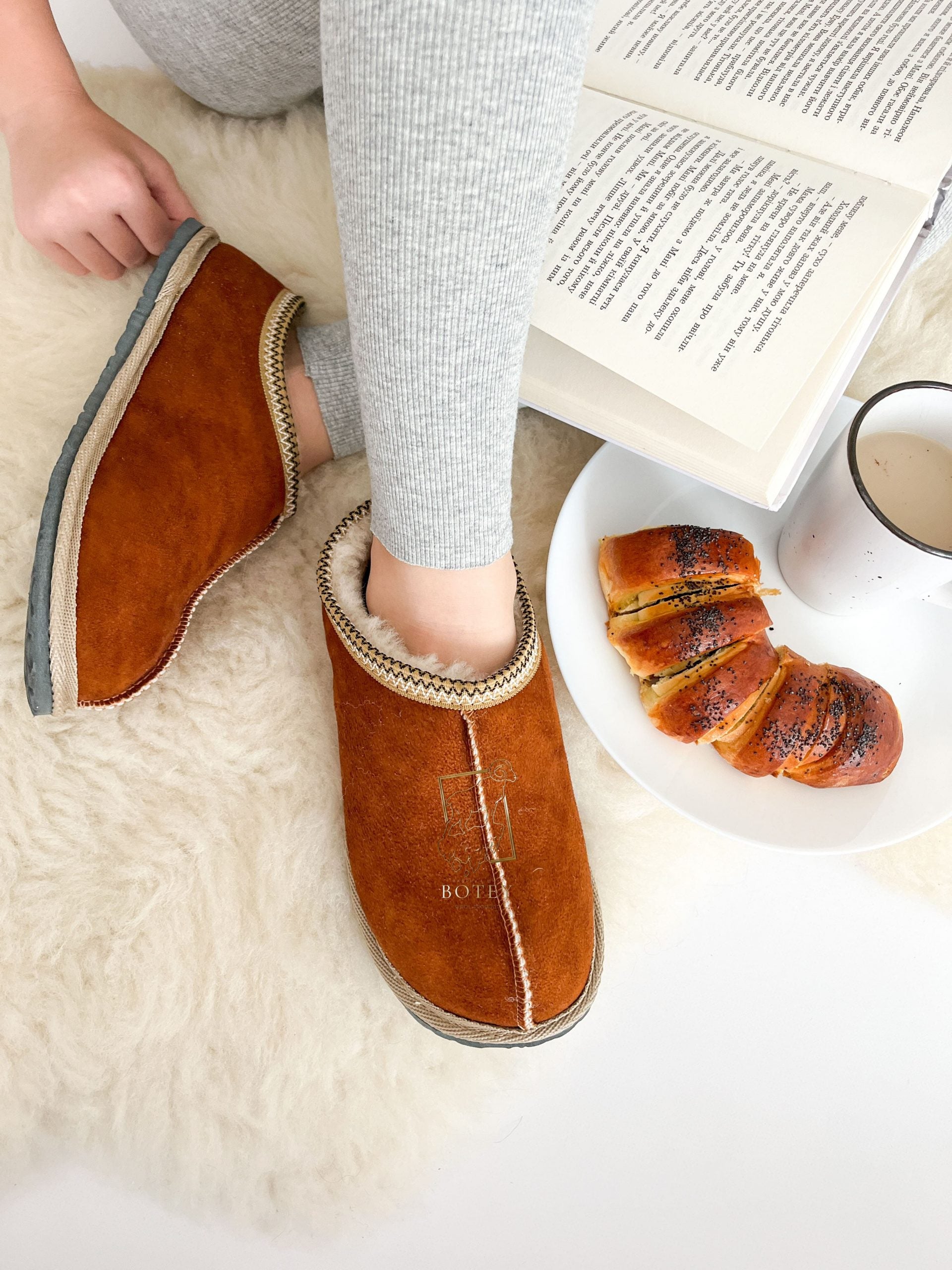 Women’s Suede Sheepskin Slippers Brown – Premium Natural Wool Home Shoes (Sizes Available)