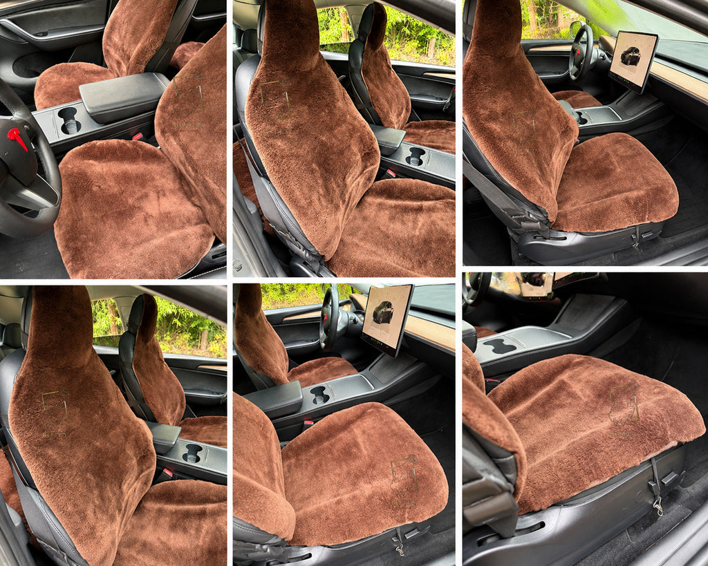 Premium Genuine Sheepskin Front Car Seat Covers with Headrest – Brown