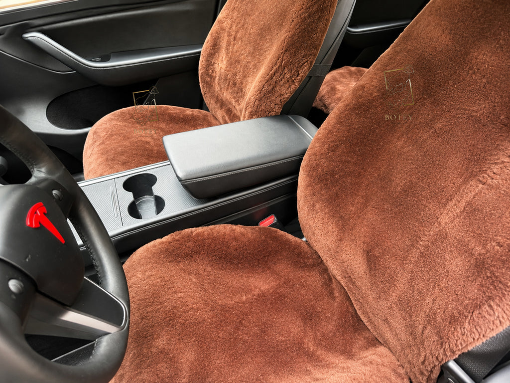 Premium Genuine Sheepskin Front Car Seat Covers with Headrest – Brown