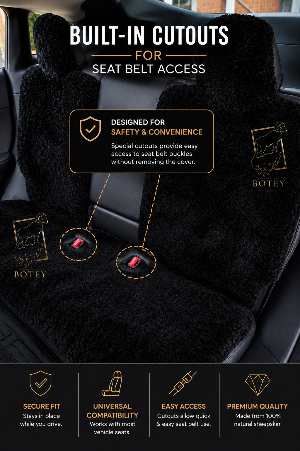 Premium Genuine Sheepskin Front Car Seat Covers with Headrest – Brown