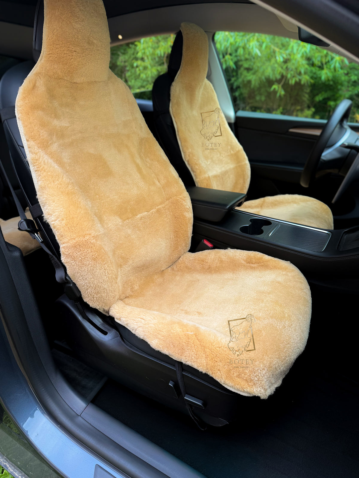Premium Genuine Sheepskin Front Car Seat Covers with Headrest – Beige