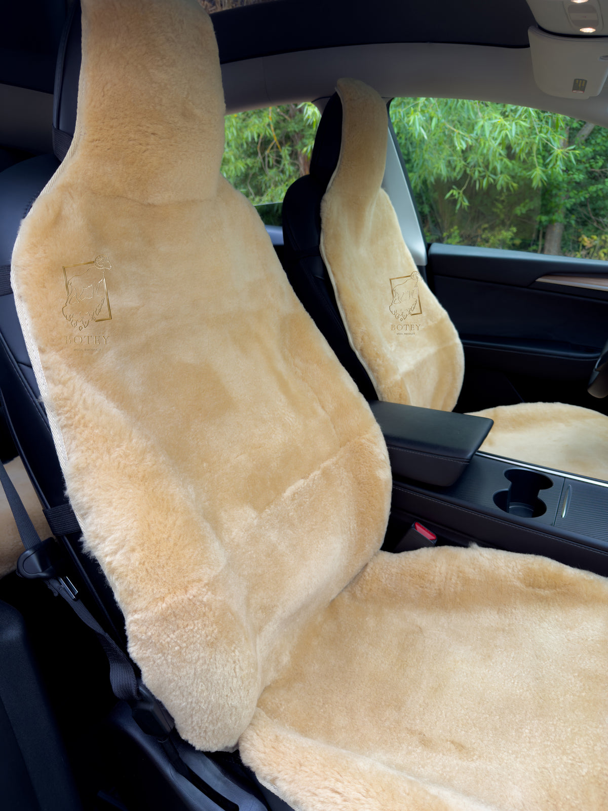 Premium Genuine Sheepskin Front Car Seat Covers with Headrest – Beige