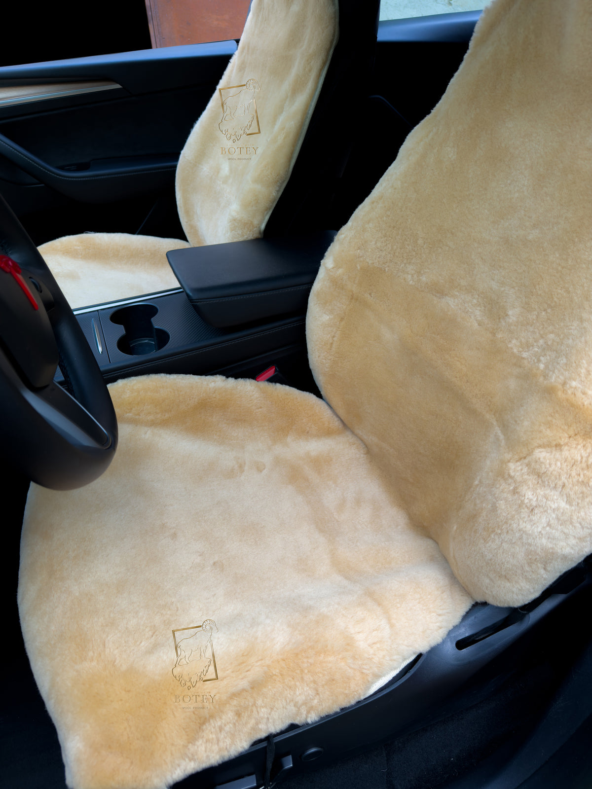 Premium Genuine Sheepskin Front Car Seat Covers with Headrest – Beige