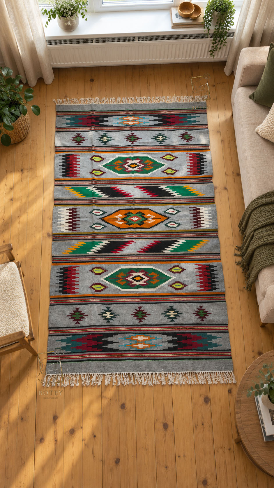 Handmade Hutsul Wool Rug Geometric  – Natural Wool Carpet 200×140 cm
