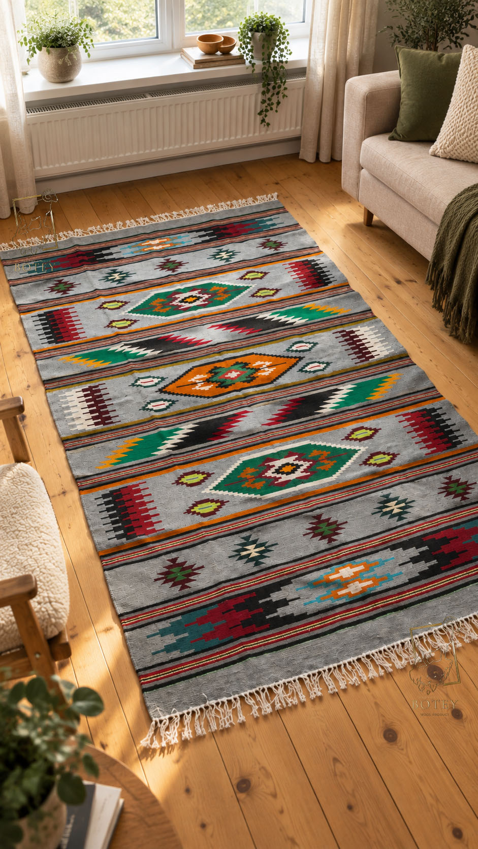 Handmade Hutsul Wool Rug Geometric  – Natural Wool Carpet 200×140 cm