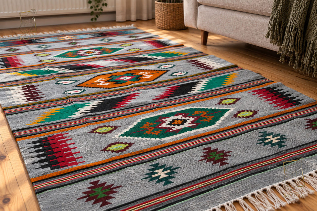 Handmade Hutsul Wool Rug Geometric  – Natural Wool Carpet 200×140 cm