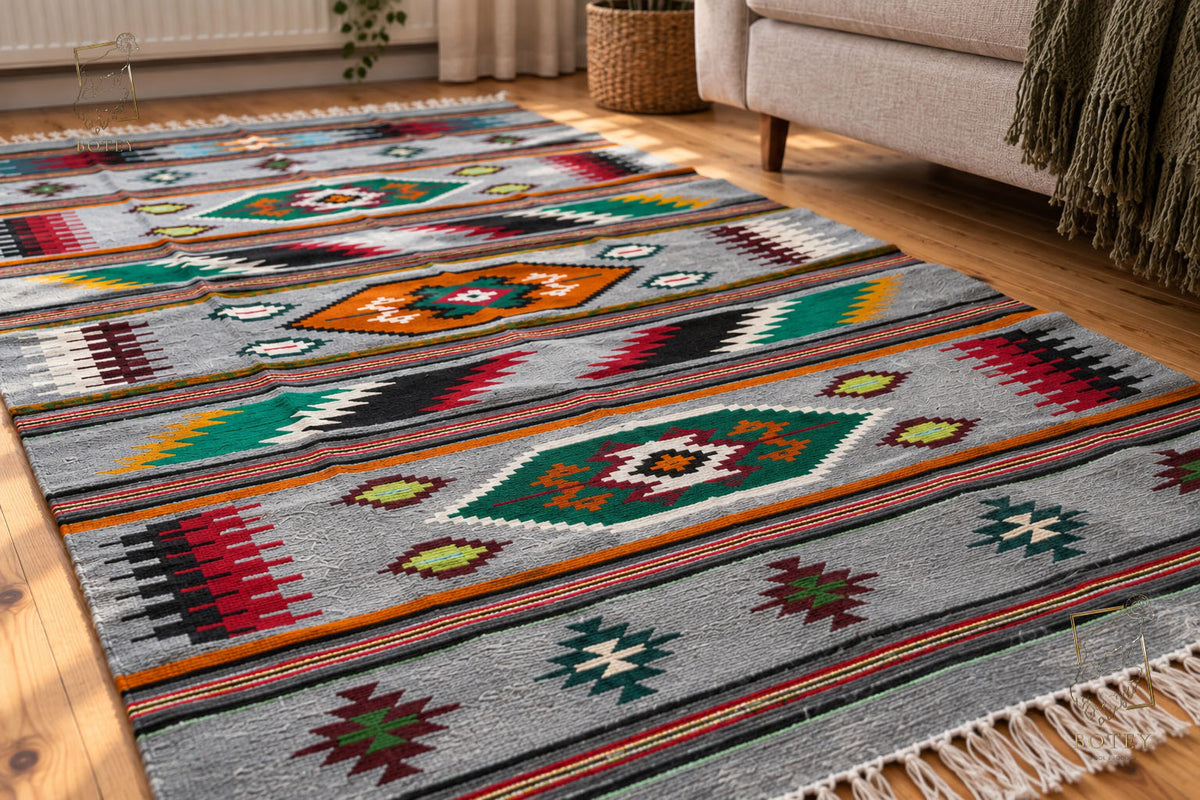 Handmade Hutsul Wool Rug Geometric  – Natural Wool Carpet 200×140 cm