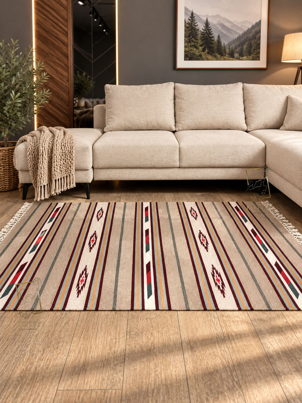 Handmade Hutsul Wool Rug Geometric Beige  – Natural Wool Carpet 200×140 cm