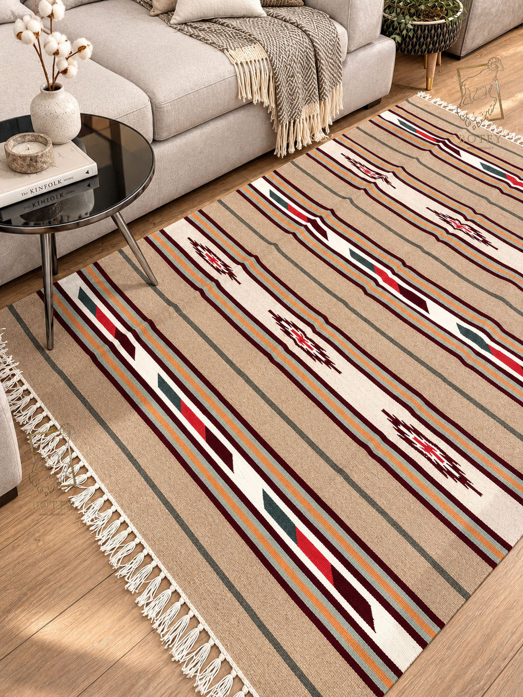 Handmade Hutsul Wool Rug Geometric Beige  – Natural Wool Carpet 200×140 cm