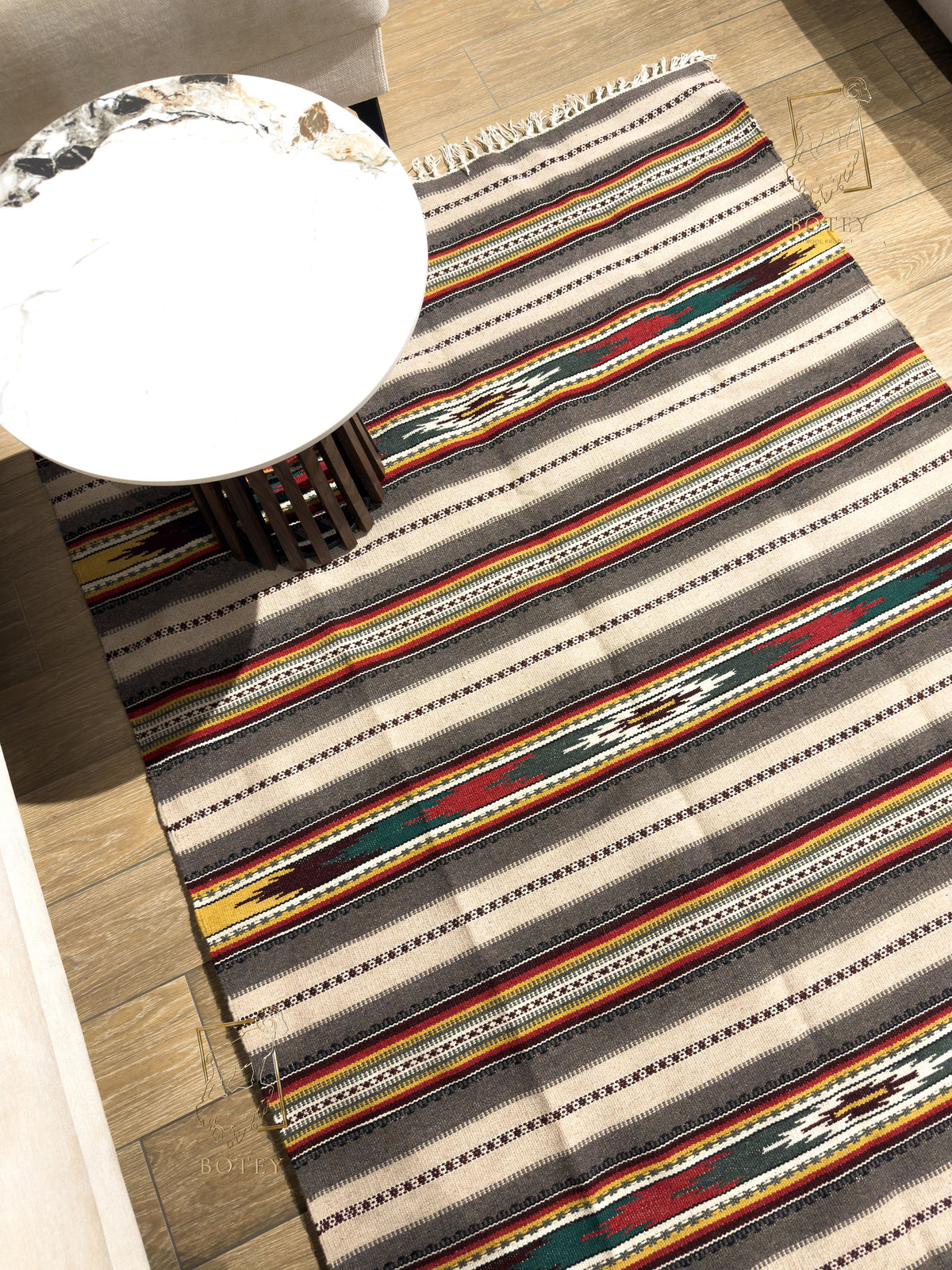 Handmade Hutsul Wool Rug Geometric Grey  – Natural Wool Carpet 200×140 cm