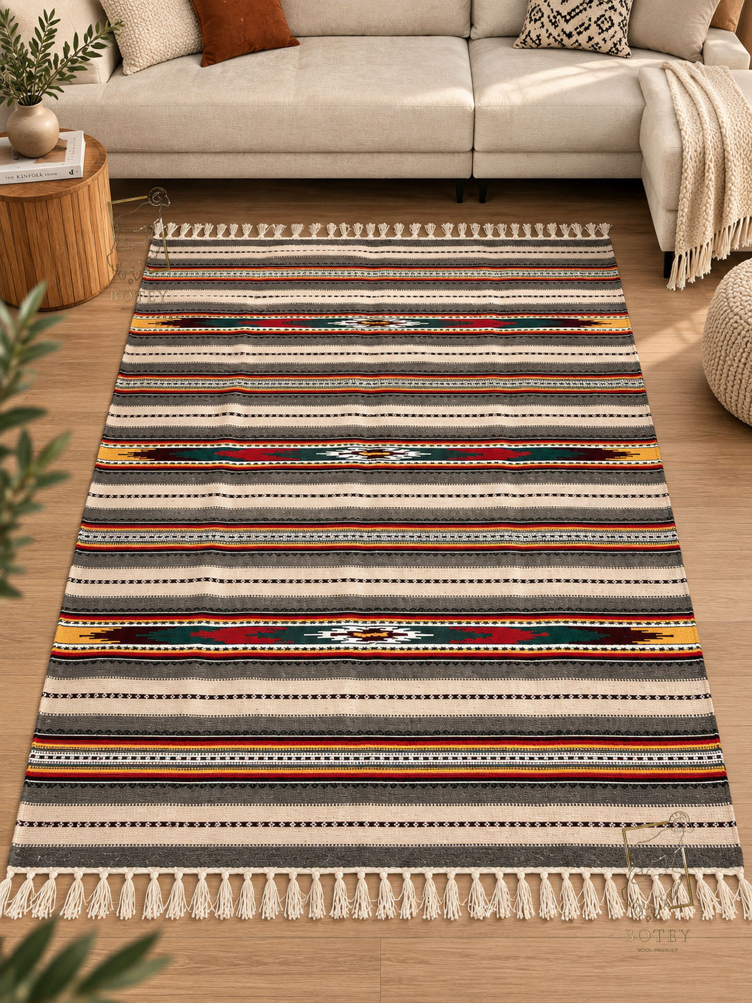 Handmade Hutsul Wool Rug Geometric Grey  – Natural Wool Carpet 200×140 cm