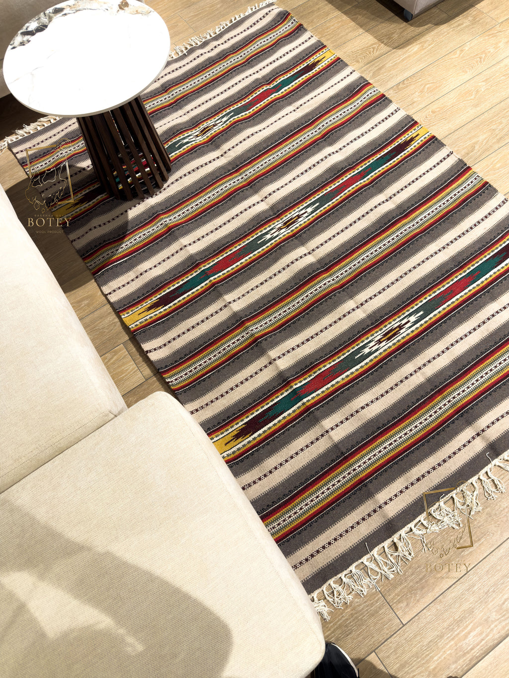 Handmade Hutsul Wool Rug Geometric Grey  – Natural Wool Carpet 200×140 cm