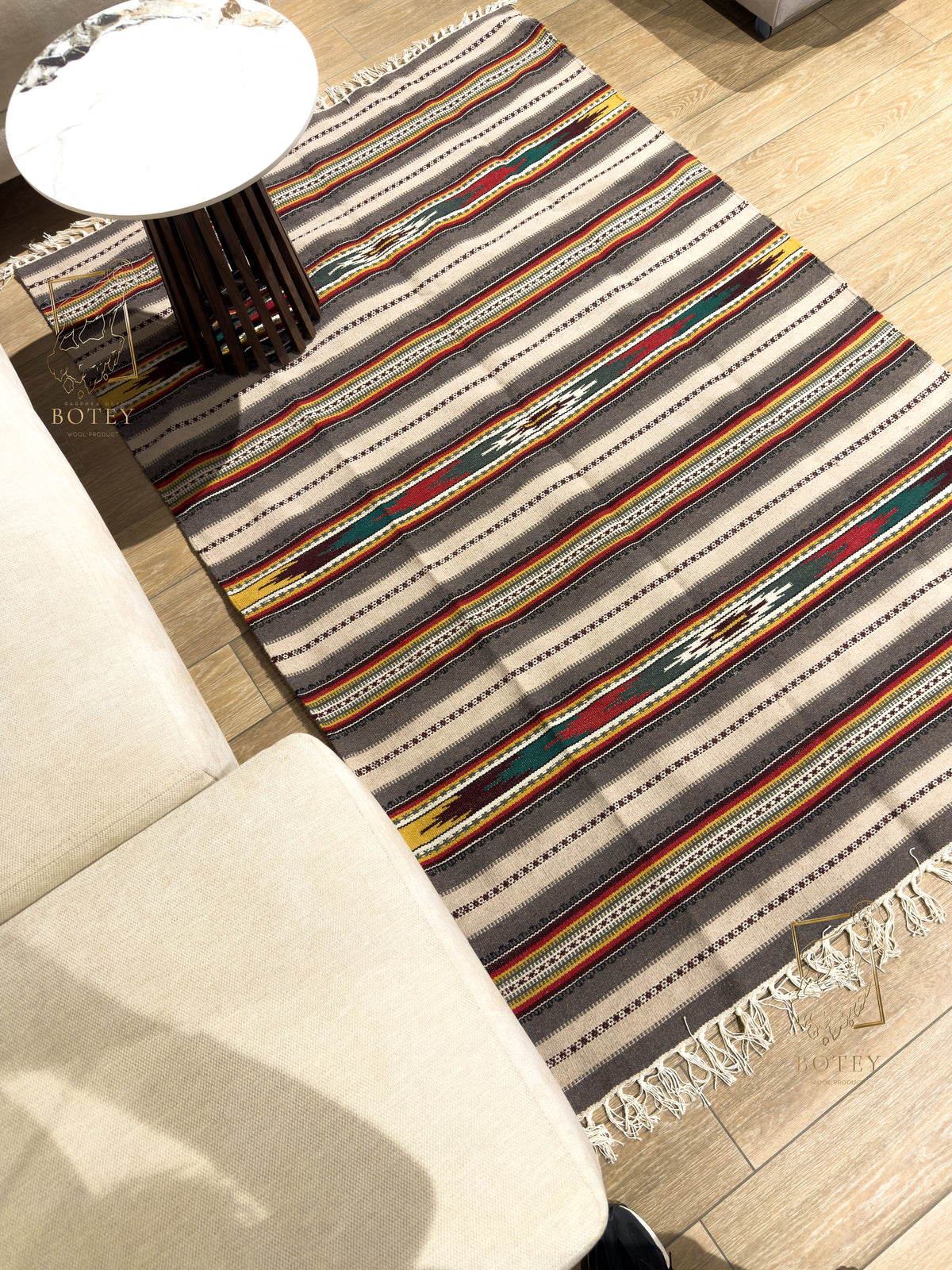 Handmade Hutsul Wool Rug Geometric Grey  – Natural Wool Carpet 200×140 cm