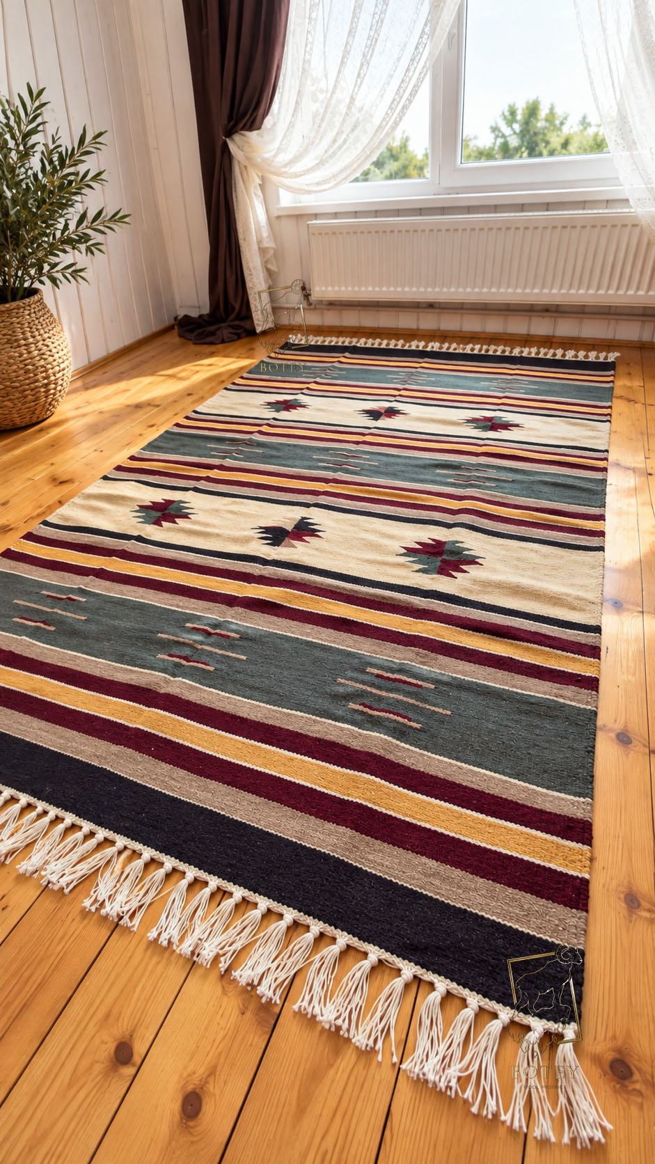 Handmade Hutsul Wool Rug Striped  – Natural Wool Carpet 200×140 cm