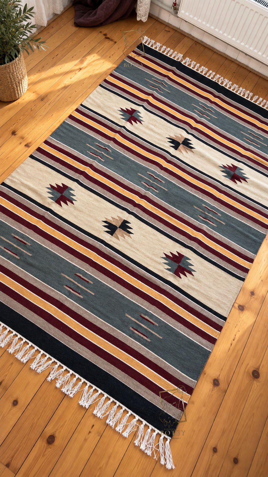 Handmade Hutsul Wool Rug Striped  – Natural Wool Carpet 200×140 cm