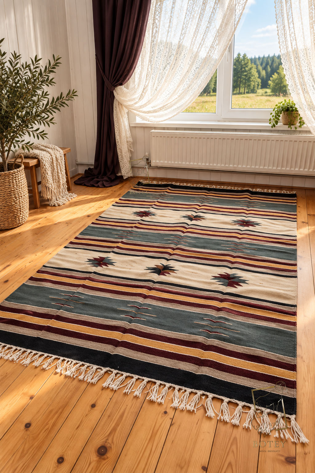 Handmade Hutsul Wool Rug Striped  – Natural Wool Carpet 200×140 cm