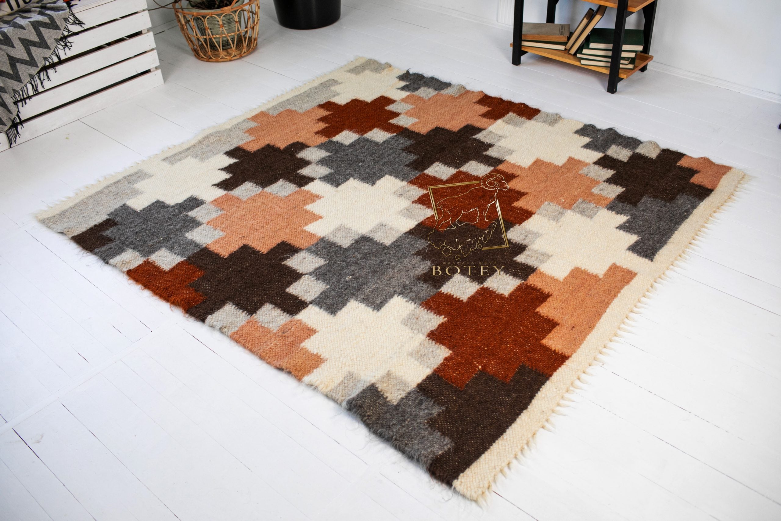 Carpathian Wool Blanket “Pastel Puzzle” 190×220 cm – Premium Handmade Natural Wool