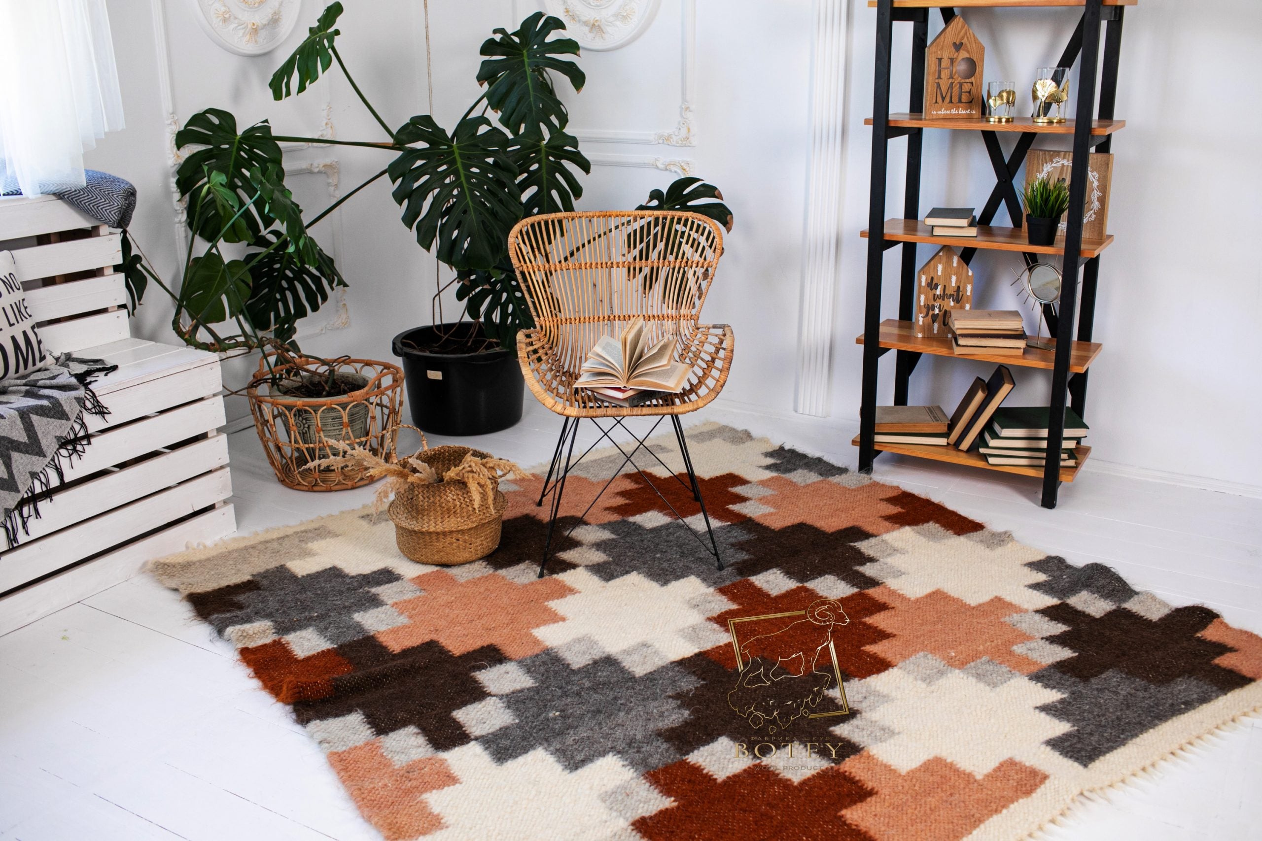 Carpathian Wool Blanket “Pastel Puzzle” 190×220 cm – Premium Handmade Natural Wool