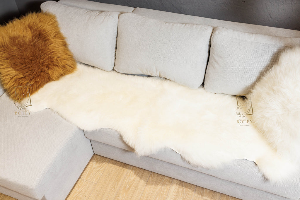 Natural Sheepskin Sofa Cover White 200×65 cm – Premium Wool Throw
