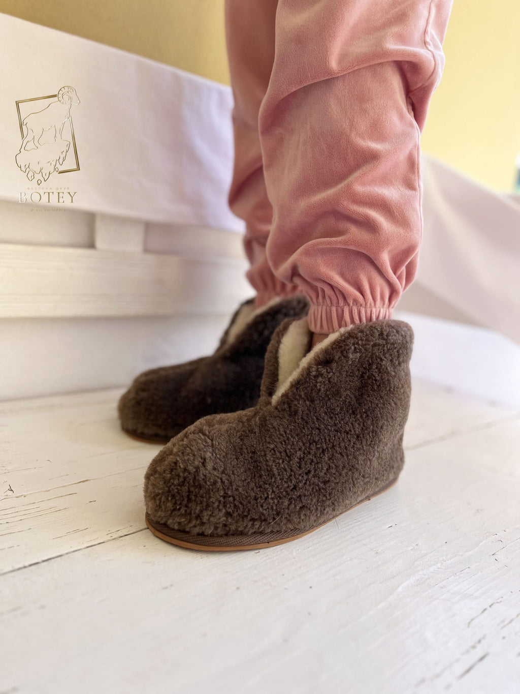 High Sheepskin Slippers Brown – Warm Natural Wool Home Boots