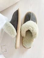 Women’s Suede Sheepskin Slippers Graphite – Premium Natural Wool Home Shoes (Sizes Available)
