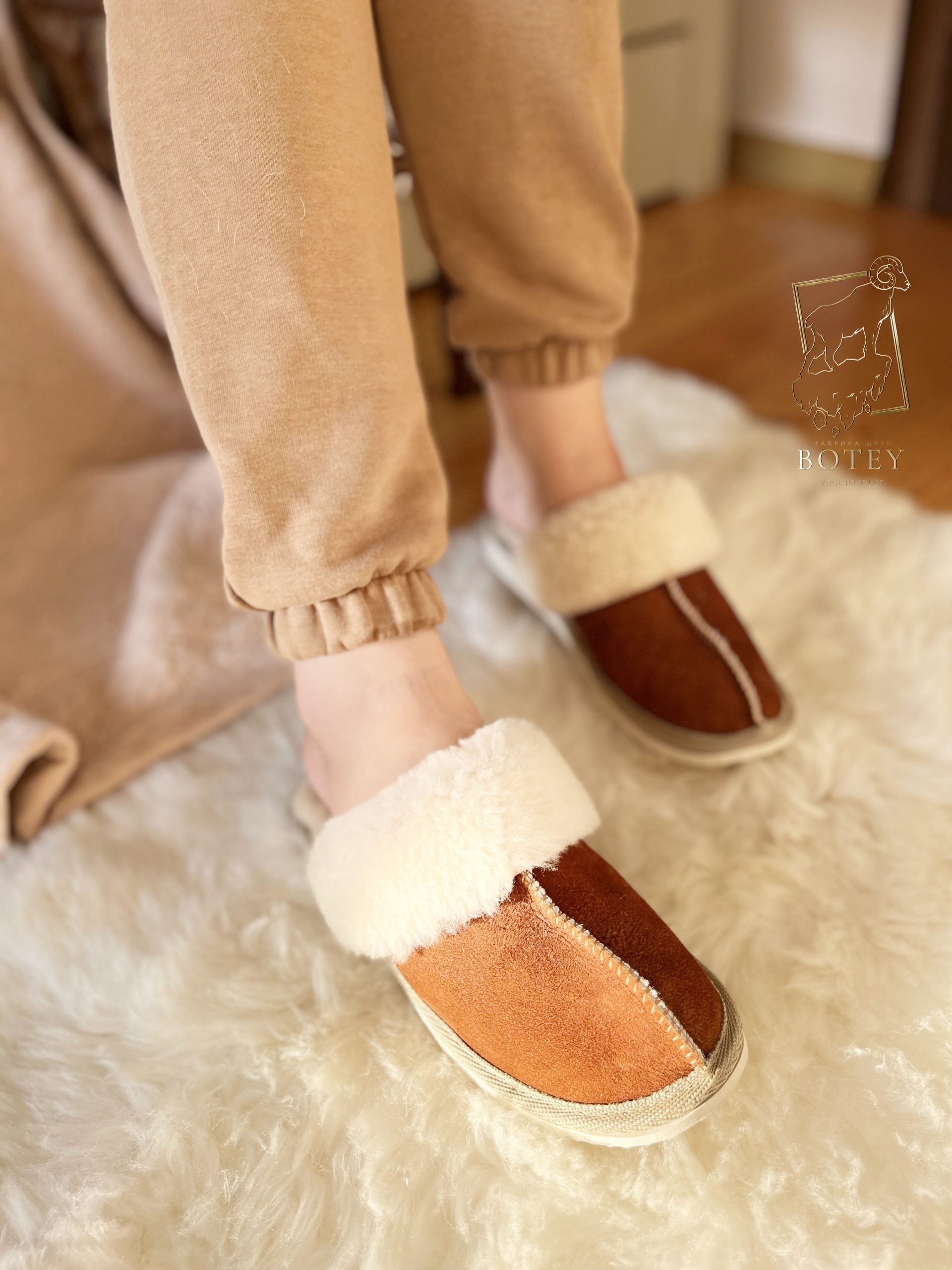 Women’s Suede Sheepskin Slippers Brown – Premium Natural Wool Home Shoes (Sizes Available)