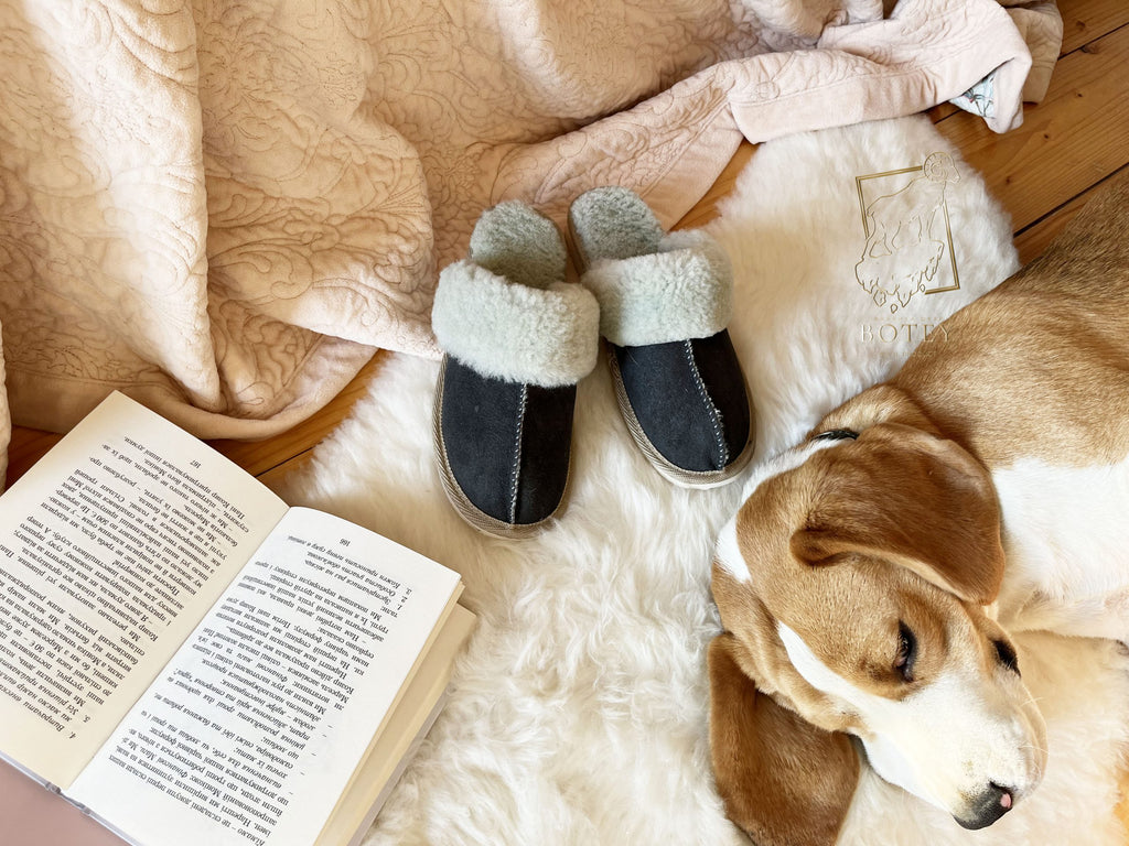 Women’s Suede Sheepskin Slippers Graphite – Premium Natural Wool Home Shoes (Sizes Available)