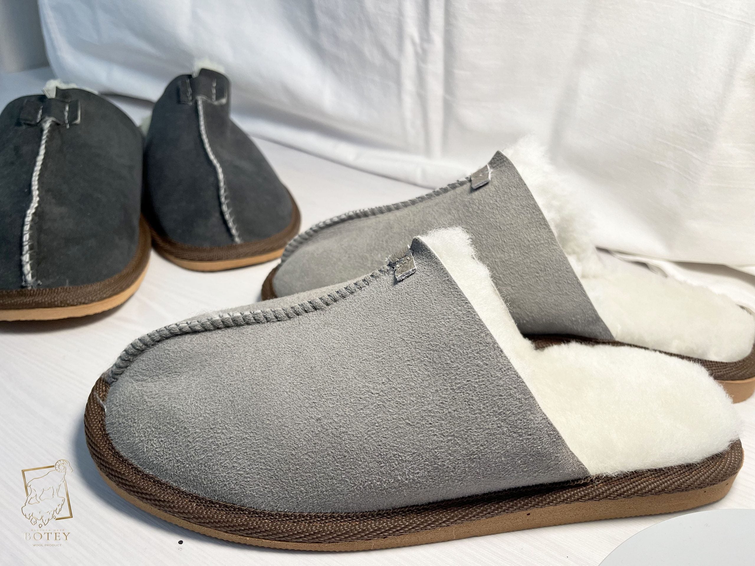Men’s Suede Sheepskin Slippers Grey – Premium Natural Wool Home Shoes (Sizes Available)