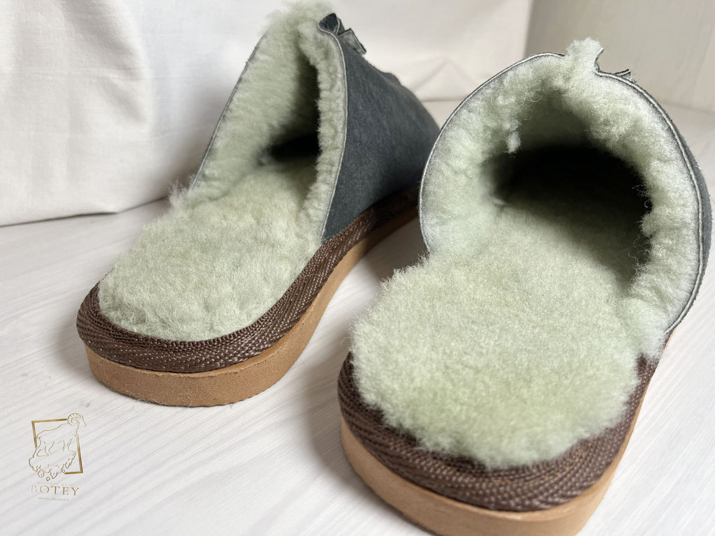 Men’s Suede Sheepskin Slippers Graphite – Premium Natural Wool Home Shoes (Sizes Available)