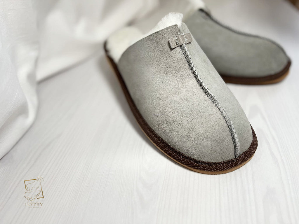 Men’s Suede Sheepskin Slippers Grey – Premium Natural Wool Home Shoes (Sizes Available)