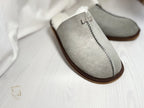 Men’s Suede Sheepskin Slippers Grey – Premium Natural Wool Home Shoes (Sizes Available)